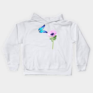 Blue butterfly and pink anemone flower Kids Hoodie